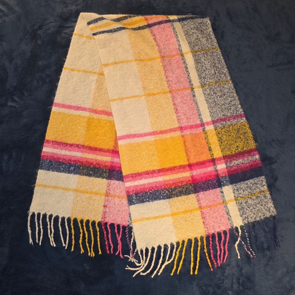 Juicy Couture Pink Yellow Blue Plaid Oversized Fringed Scarf Wrap 19" x 68"